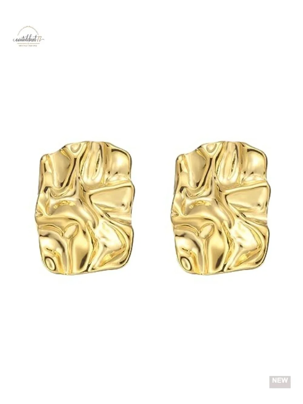 Geometric Rectangle Gold Plated Stud Earrings Irregular Hammered Chunky